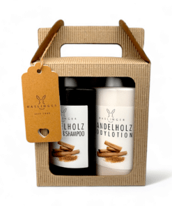 Haslinger Geschenk-Set Tragekarton Sandelholz, 1x Shampoo 200ml, 1x Bodylotion 100ml